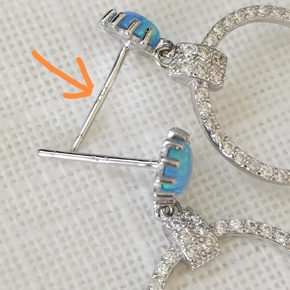 NEW, cz hoop earrings with blue opal in Sterling Silver - Picture 5 of 7